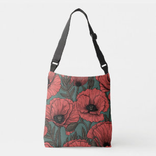 Poppy garden in coral, brown and pine green crossbody bag