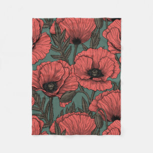 Poppy garden in coral, brown and pine green fleece blanket