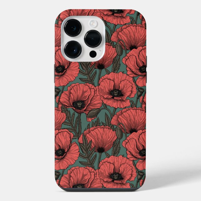 Poppy garden in coral, brown and pine green iPhone case (Back)
