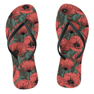 Poppy garden in coral, brown and pine green jandals