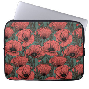 Poppy garden in coral, brown and pine green laptop sleeve