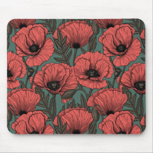 Poppy garden in coral, brown and pine green mouse pad