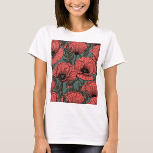 Poppy garden in coral, brown and pine green T-Shirt