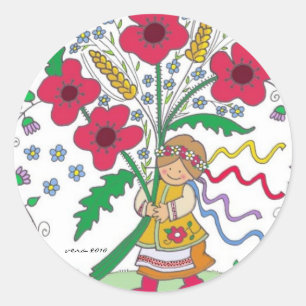 Poppy Girl Ukrainian Folk Art Classic Round Sticker