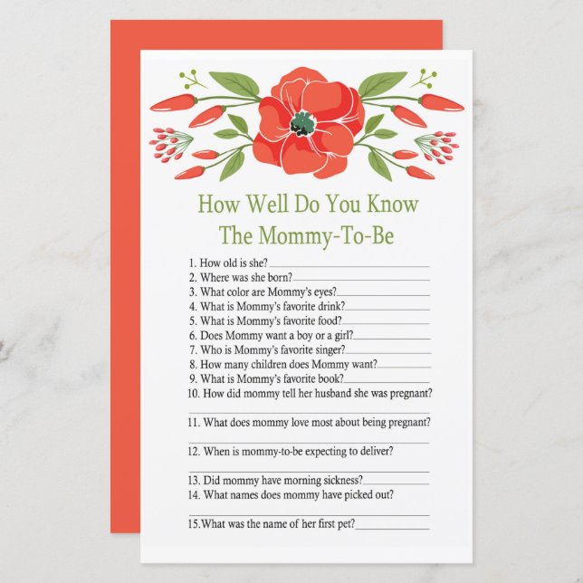 Poppy How well do you know baby shower game (Front/Back)