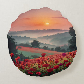 Poppy Landscape. Round Cushion