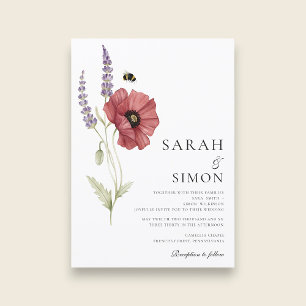 Poppy Lavender Bee Floral Watercolor Wedding  Invitation
