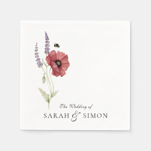 Poppy Lavender Bee Floral Watercolor Wedding  Napkin