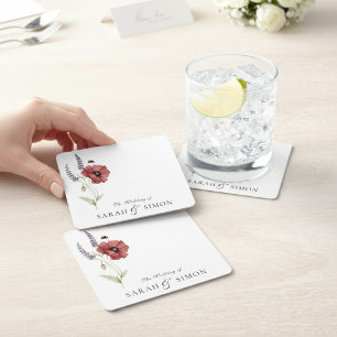 Poppy Lavender Bee Floral Watercolor Wedding  Square Paper Coaster