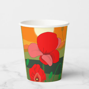 Poppy meadow at sunset   paper cups
