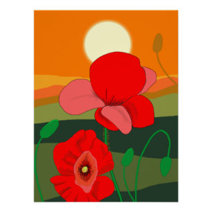 Poppy meadow at sunset poster