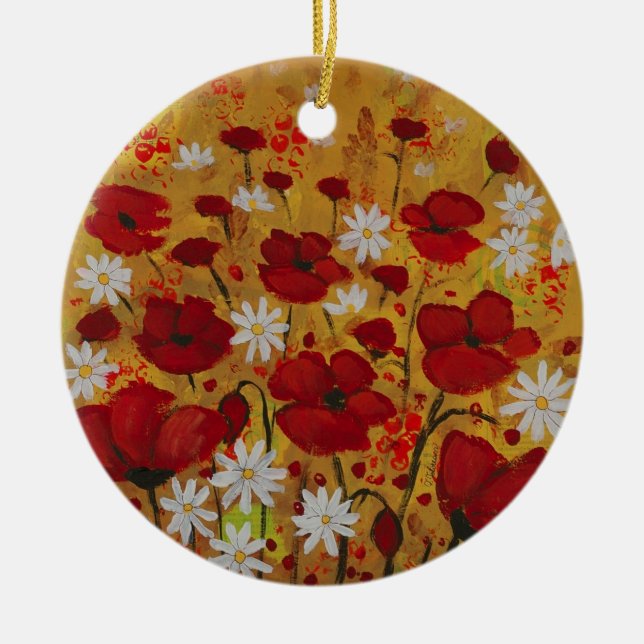 Poppy Meadow, Red Flowers Ceramic Tree Decoration (Front)