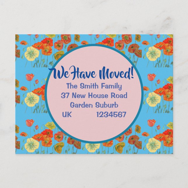 Poppy Pattern New Address Postcard, We Are Moving Postcard (Front)