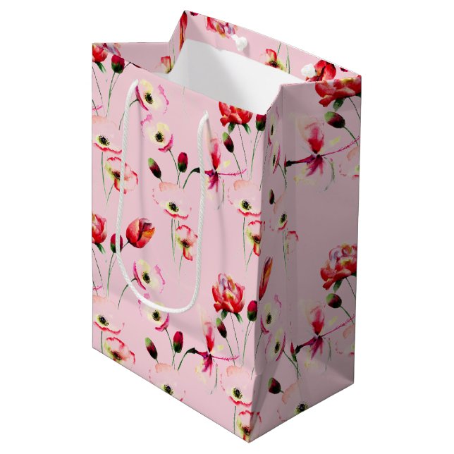 Poppy Pattern On Blush Pink Medium Gift Bag (Front Angled)