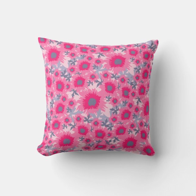 Poppy pink and grey throw pillow (Front)