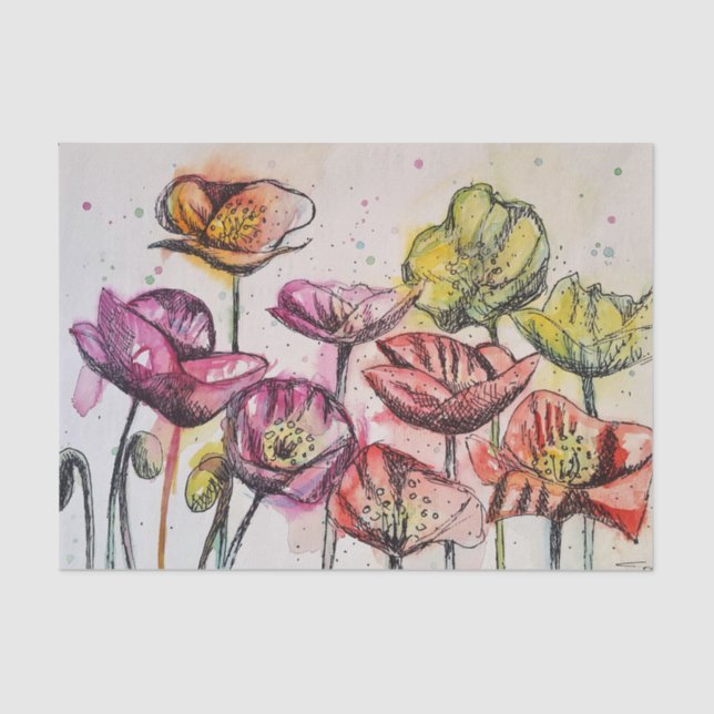 Poppy Poppies Purple Watercolor Floral Flower Tissue Paper (Front)