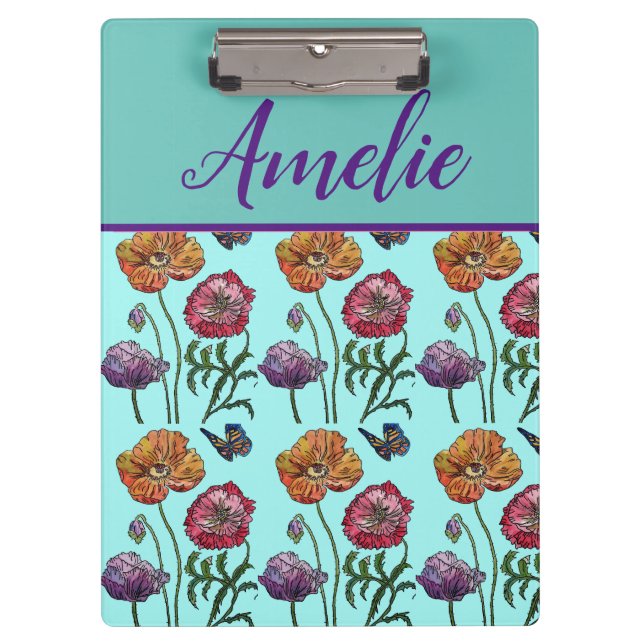 Poppy Poppies Red Shabby Chic Aqua Floral Flowers Clipboard (Front)