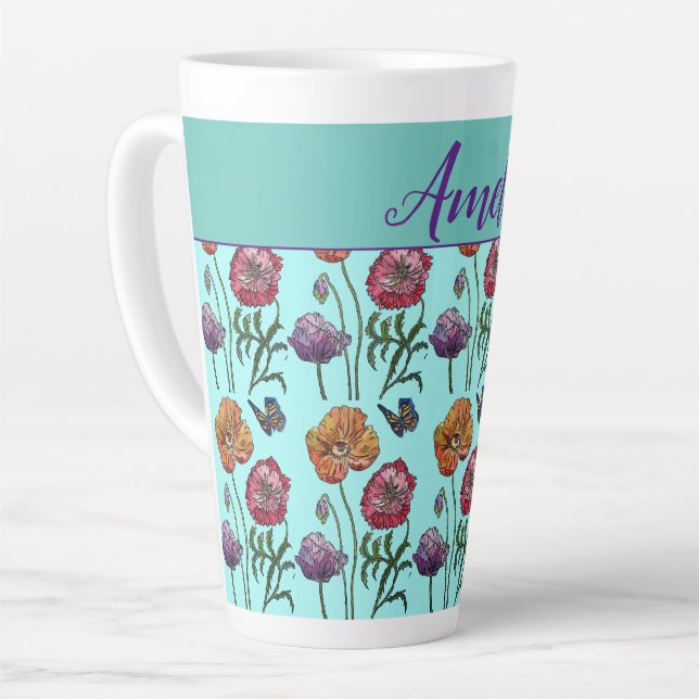 Poppy Poppies Red Shabby Chic Aqua Floral Flowers  Latte Mug (Left Angle)