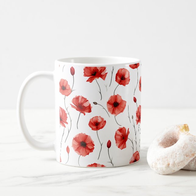 Poppy Pressed Flowers Watercolor-Style Coffee Mug (With Donut)