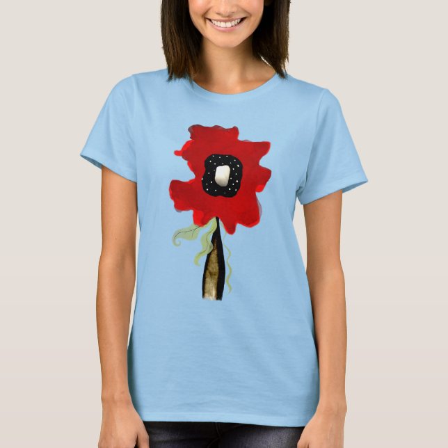 Poppy red black polka dots green leaf tshirt (Front)