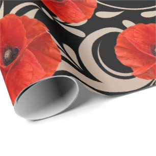 Poppy Red Flower Black White Glam Metallic Wrapping Paper