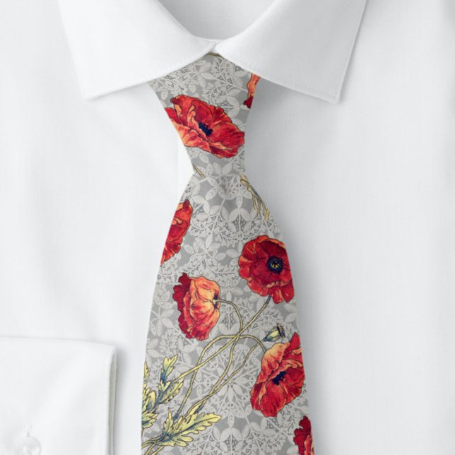 Poppy Red Grey Botanical Doily | Neck Tie (Creator Uploaded)