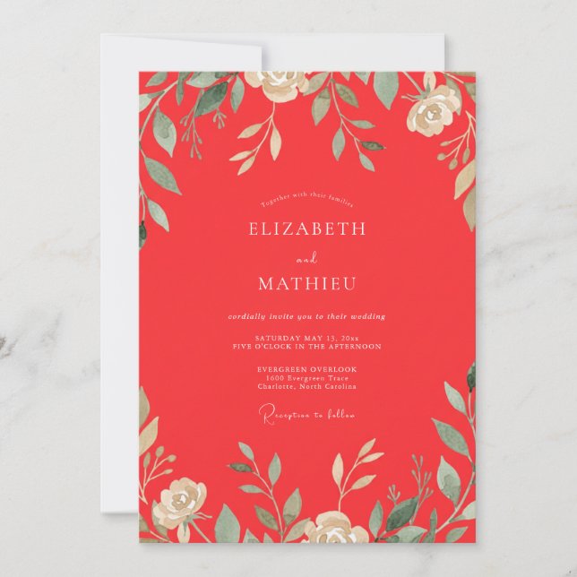 Poppy Red Leafy Wedding Invitation (Front)