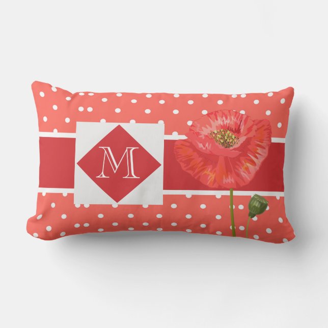 Poppy Red Polka Dot Monogrammed Garden Outdoor Pil Lumbar Cushion (Front)