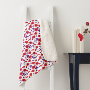 Poppy red, purple and white floral sherpa blanket