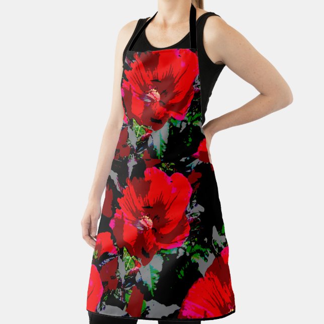 Poppy Red Retro Floral Design Apron (Insitu)