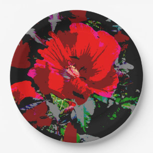 Poppy Red Retro Floral Design Paper Plate