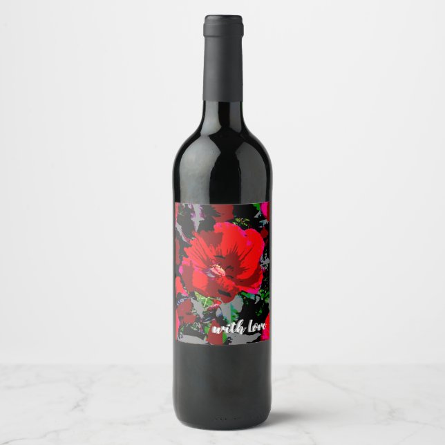 Poppy Red Retro Floral Design Wine Label (Front)