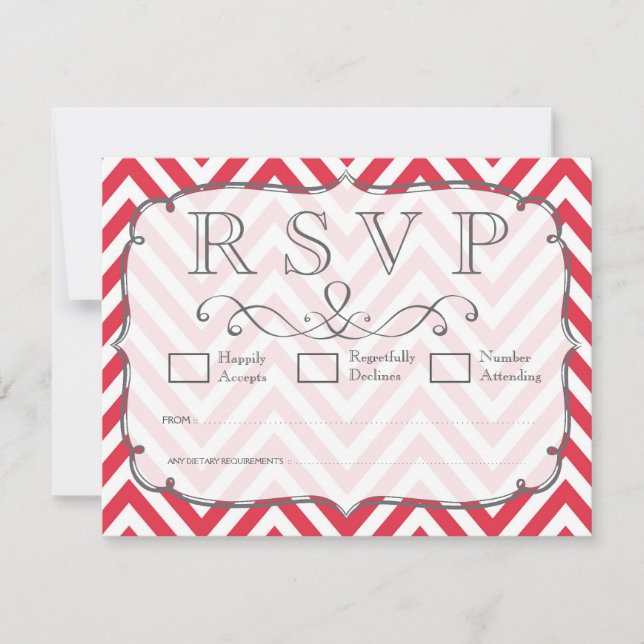 Poppy Red & White Chevron Wedding RSVP Cards (Front)