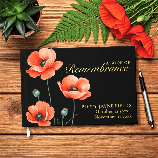Poppy Remembrance Funeral Foil Guest Book (Poppy Book of Remembrance with space for your details)