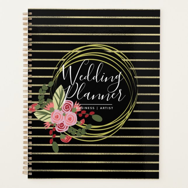 Poppy Roses Pink Red Foil Stripes Wedding Planner (Front)