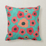 poppy spin coral on teal cushion<br><div class="desc">A bright dance of warm poppies on cool backgrounds with some bluebell outlines. This pattern has is fun and colourful and makes awesome accent pillows. Poppy Spin is part of my Poppies & Bluebells collection and is available in three colour schemes: red on lake, coral on sea foam green, and...</div>