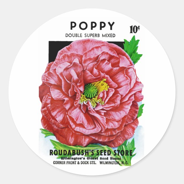 Poppy Vintage Seed Packet Classic Round Sticker (Front)