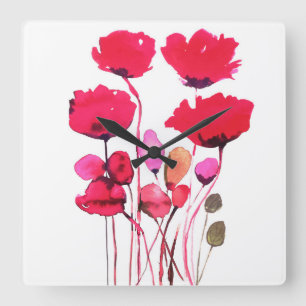 Poppy watercolor square wall clock