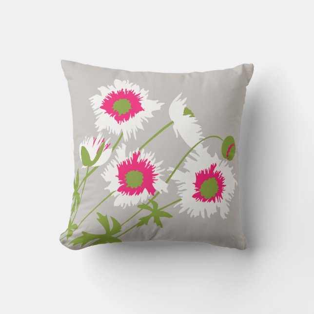 Poppy white, pink, green and grey throw pillow (Front)