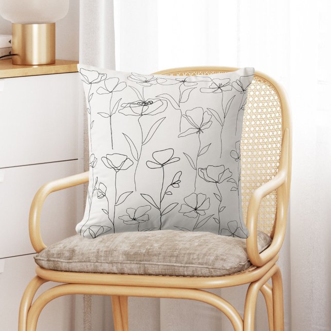 Poppy Wildflower Black and White Minimal Floral Cushion (In situ)