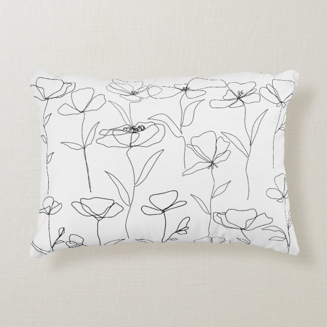 Poppy Wildflower Black and White Minimal Floral Decorative Cushion (Front)