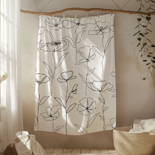 Poppy Wildflower Black and White Minimal Floral Fleece Blanket