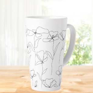 Poppy Wildflower Black and White Minimal Floral Latte Mug