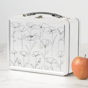 Poppy Wildflower Black and White Minimal Floral Metal Lunch Box