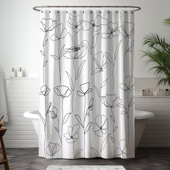 Poppy Wildflower Black and White Minimal Floral Shower Curtain (In situ bathroom)