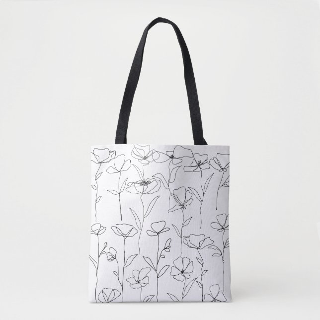 Poppy Wildflower Black and White Minimalist Floral Tote Bag (Front)