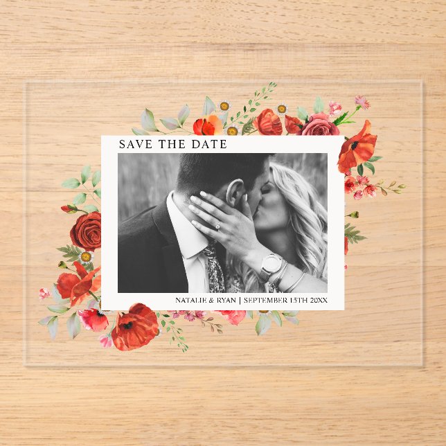 Poppy Wildflowers Engagement Photo Save The Date Acrylic Invitations (Front)