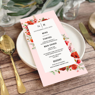 Poppy Wildflowers Monogram Pink Wedding Menu