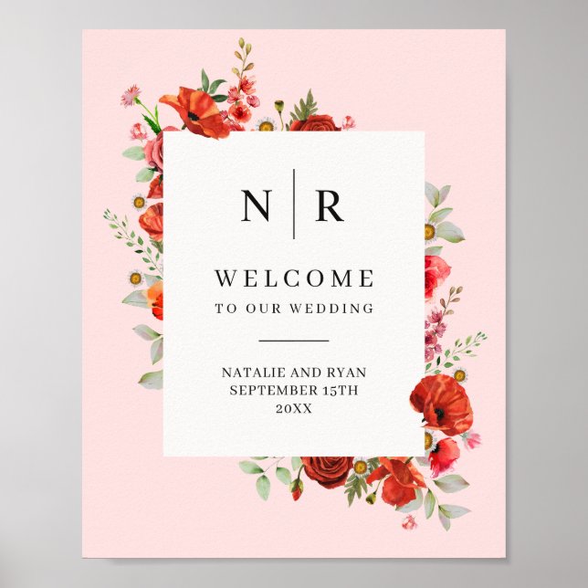 Poppy Wildflowers Pink Monogram Wedding Poster (Front)
