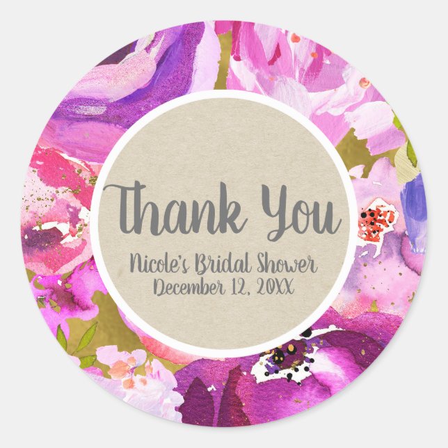 Pops Of Pink Purple Gold Modern Trendy Floral Chic Classic Round Sticker (Front)